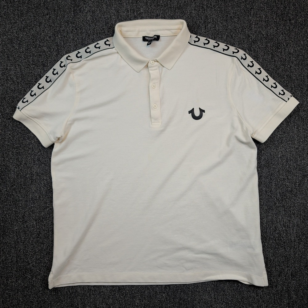 True Religion Y2K Damask Polo Shirt L Off White Horseshoe Tape Streetwear Mens